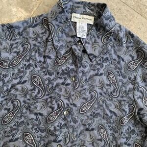 Rena Rowan Top Sz‎ 4 Small 100% Silk Button Up, Long Sleeve, Paisleys, Gray